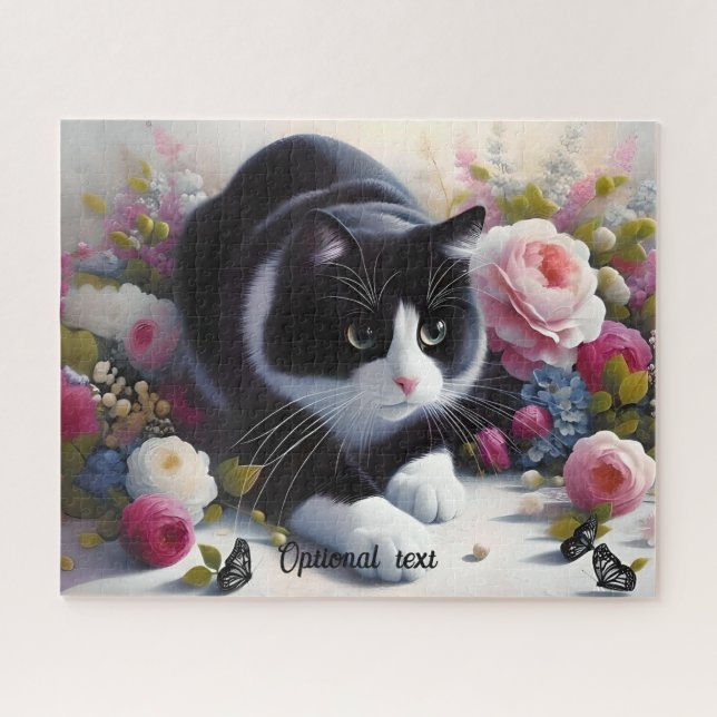 Beautiful Black and White Cat and Flowers Jigsaw Puzzle (Horizontal)