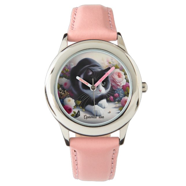 Beautiful Black and White Cat and Flowers Watch (Front)