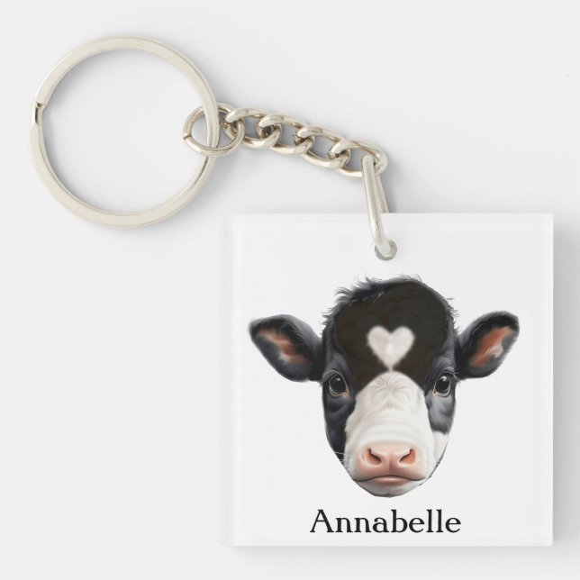 Beautiful Black and White Cow Face Key Ring (Front)
