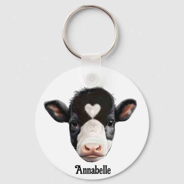 Beautiful Black and White Cow Face Key Ring (Front)