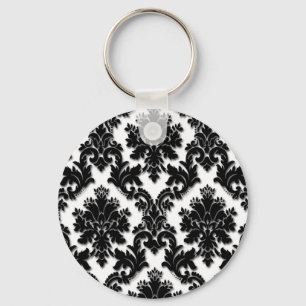 Beautiful Black and White Damask Pattern Key Ring