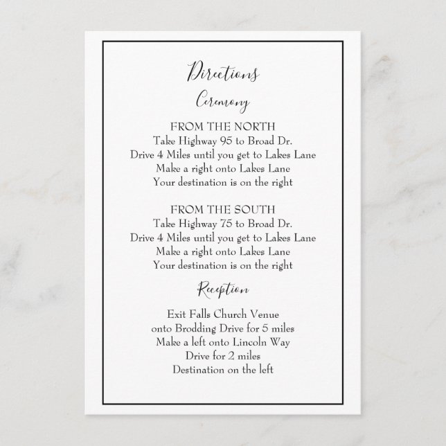 Beautiful black and white directions enclosure card (Front)