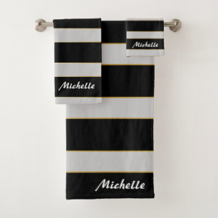 Beautiful Black and White , Gold Stripes  Bath Towel Set