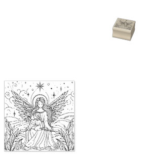 Beautiful Black and White Guardian Angel Rubber Stamp