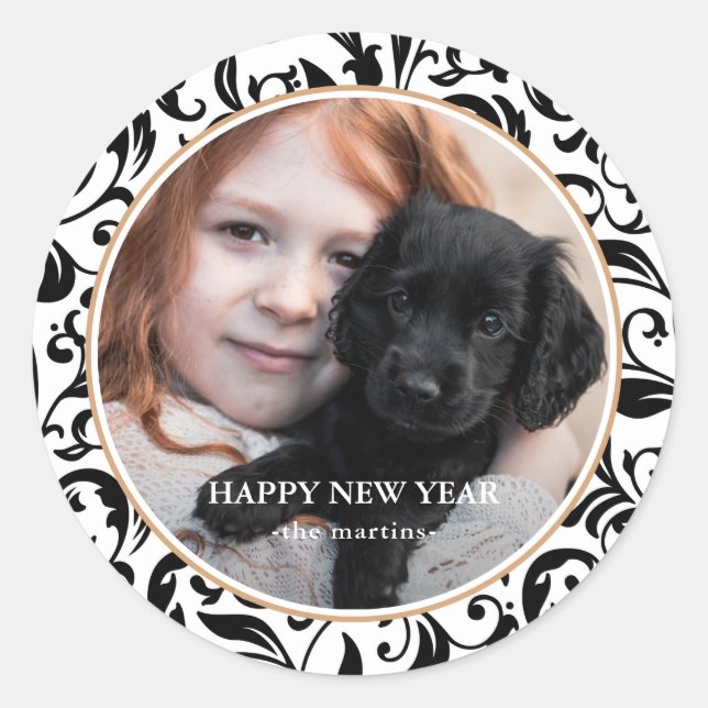 Beautiful Black and White Happy New Year Photo Classic Round Sticker (Front)