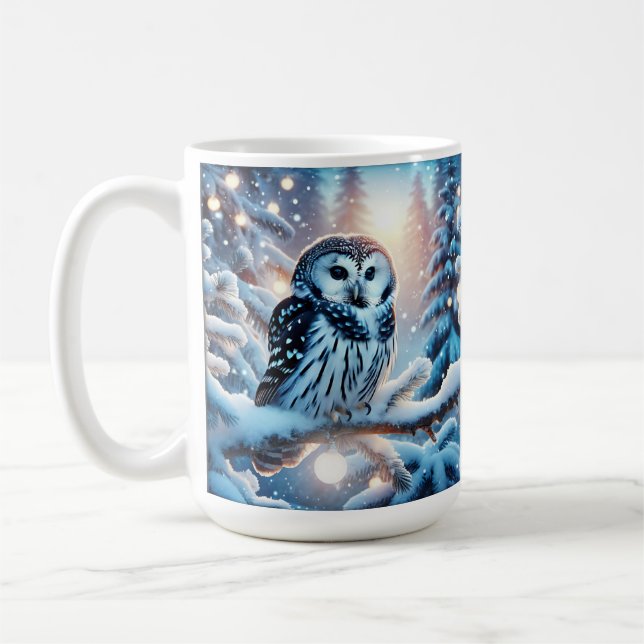 Beautiful Black And White Owl In Winter Coffee Mug (Left)