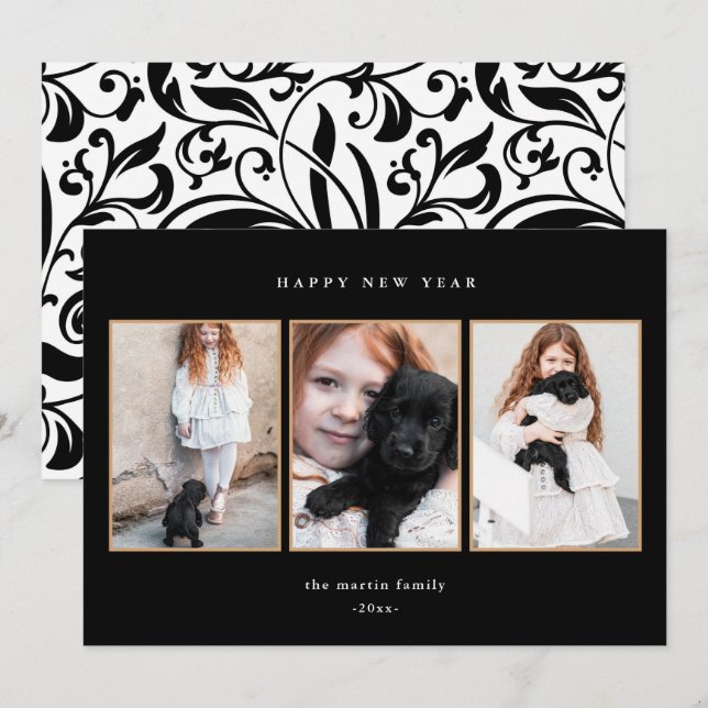 Beautiful Black and White Three Photo New Year Holiday Card (Front/Back)
