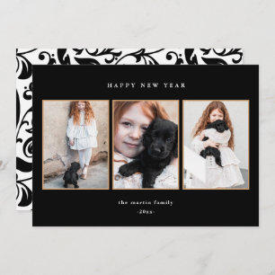 Beautiful Black and White Three Photo New Year Holiday Card