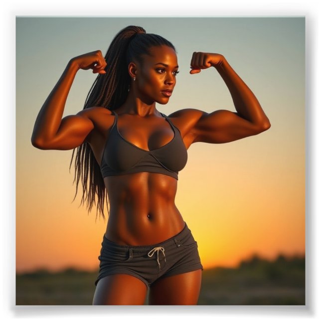 Beautiful Black Babe Bodybuilder Flexing at Sunset Photo Print (Front)