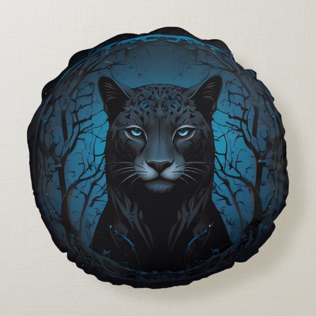 Beautiful Black Blue eyed Wild Leopard Round Cushion (Back)