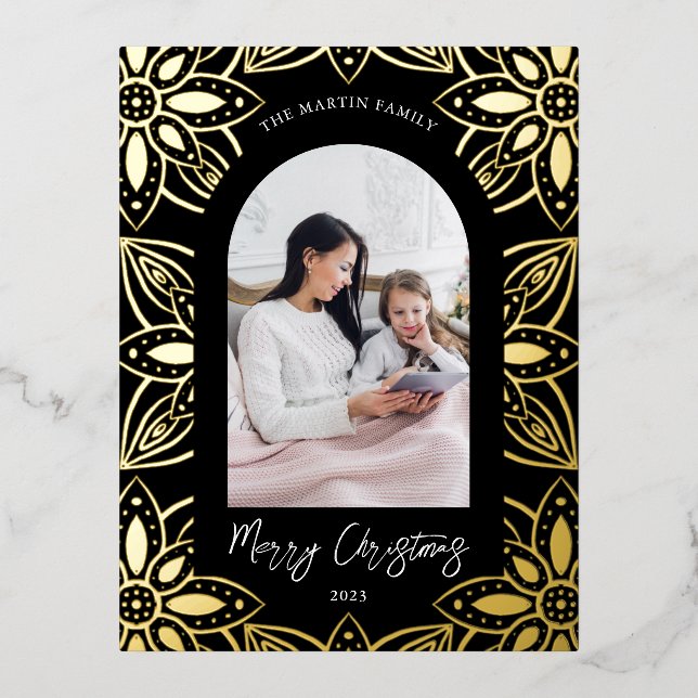 Beautiful Black Botanical Frame Photo Foil Holiday Postcard (Front)
