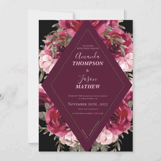 Beautiful Black Burgundy Blush Pink Floral Wedding Invitation (Front)