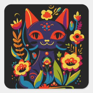 Beautiful Black Cat Folk Art Floral Illustration Square Sticker