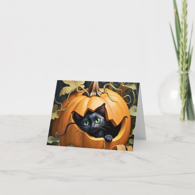Beautiful black cat in pumpkin card (Front)