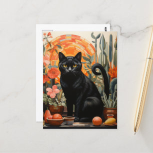 Beautiful Black Cat in the Houseplants Still Life Postcard