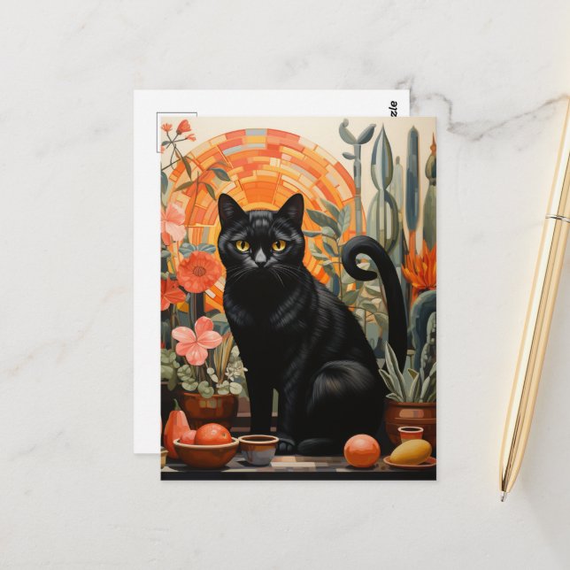 Beautiful Black Cat in the Houseplants Still Life Postcard (Front/Back In Situ)