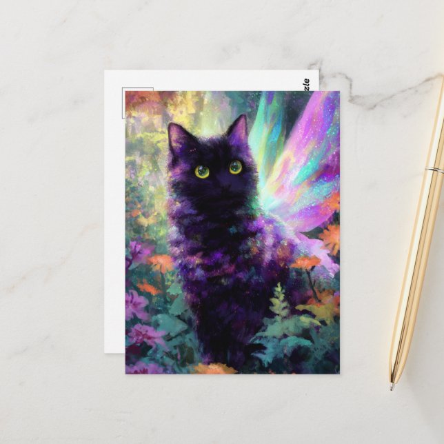 Beautiful Black Cat With Fairy Wings Postcard (Front/Back In Situ)