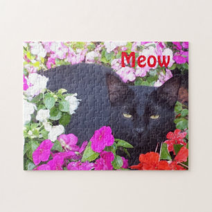 Beautiful Black Cat with Green Eyes in Flowers Jigsaw Puzzle