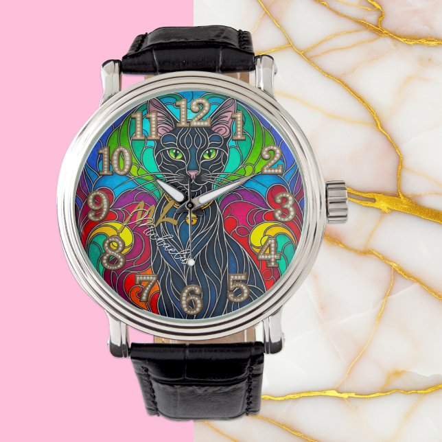 Beautiful Black Cat with Jingle Bell, Art Mosaic Watch (Black Cat Art Watch / Monogram)
