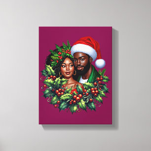Beautiful Black couple Holly christmas wreath art Canvas Print