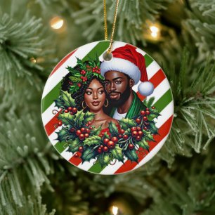 Beautiful Black couple Holly christmas wreath art Ceramic Tree Decoration