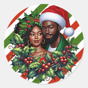 Beautiful Black couple Holly christmas wreath art Classic Round Sticker
