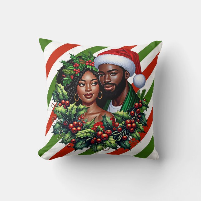 Beautiful Black couple Holly christmas wreath art Cushion (Front)