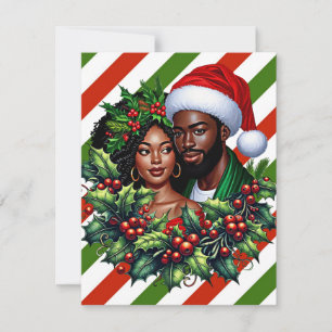 Beautiful Black couple Holly christmas wreath art Thank You Card