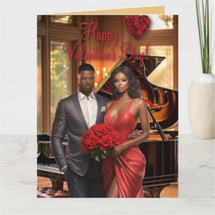 Beautiful Black Couple with Red Roses Card