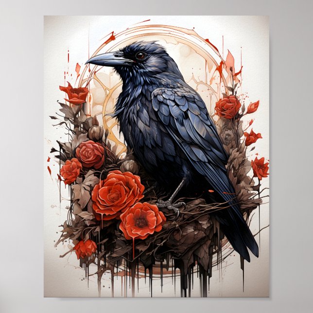 Beautiful Black Crow With A Red Roses Poster (Front)