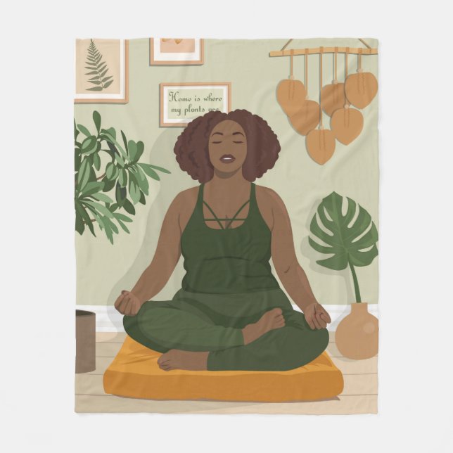 Beautiful black curvy woman meditating  fleece blanket (Front)