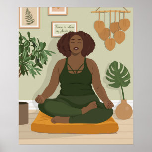 Beautiful black curvy woman meditating poster