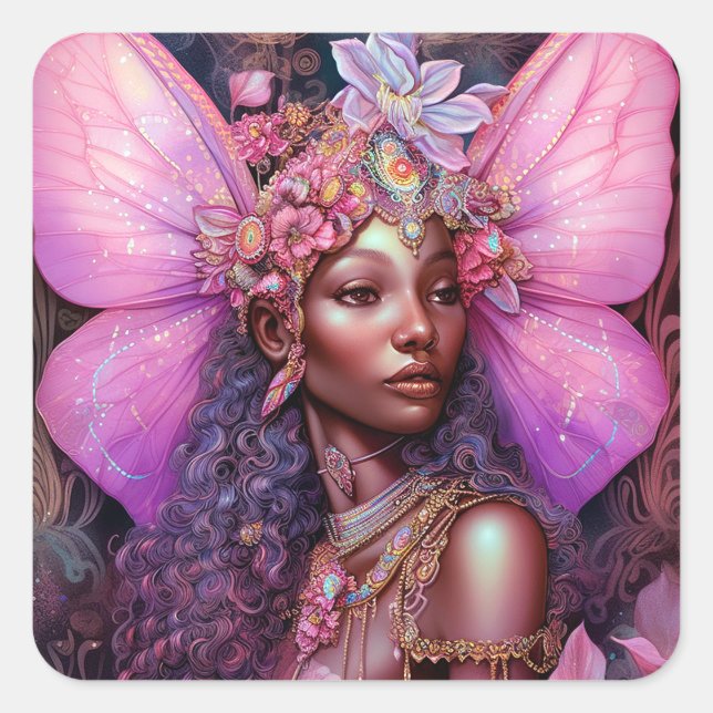Beautiful Black Fairy Girl Fantasy Art Square Sticker (Front)