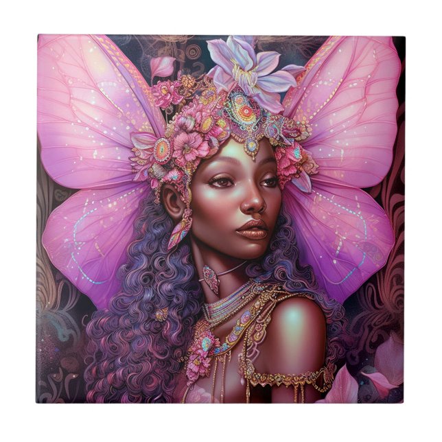 Beautiful Black Fairy Girl Fantasy Art Tile (Front)