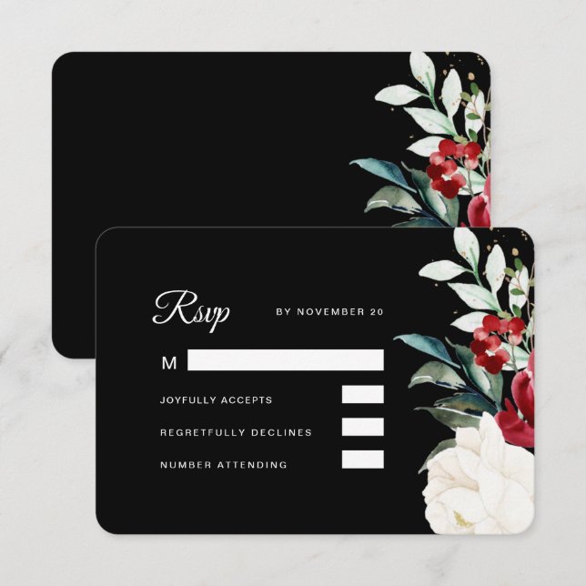 Beautiful Black Floral Christmas Wedding RSVP Card (Front/Back)