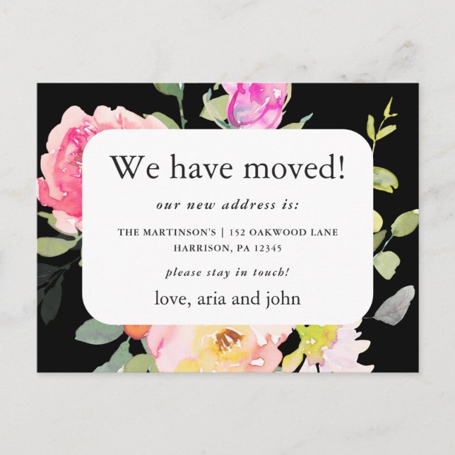 Beautiful Black Floral New Address Moving Postcard (Front)