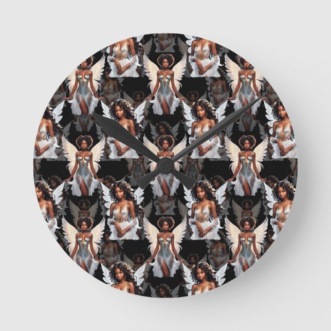 Beautiful Black Girl Angels Pattern Design -Dark Round Clock (Front)