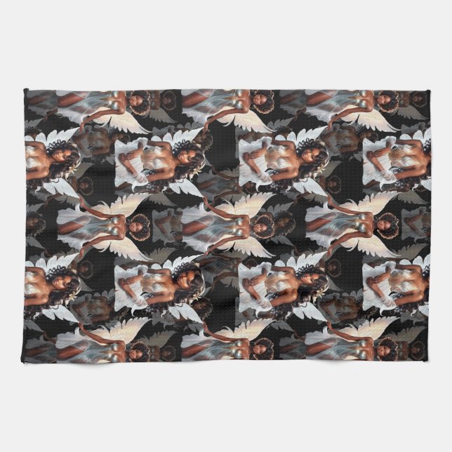 Beautiful Black Girl Angels Pattern Design -Dark Tea Towel (Horizontal)