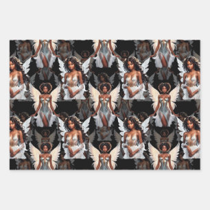 Beautiful Black Girl Angels Pattern Design -Dark Wrapping Paper Sheet