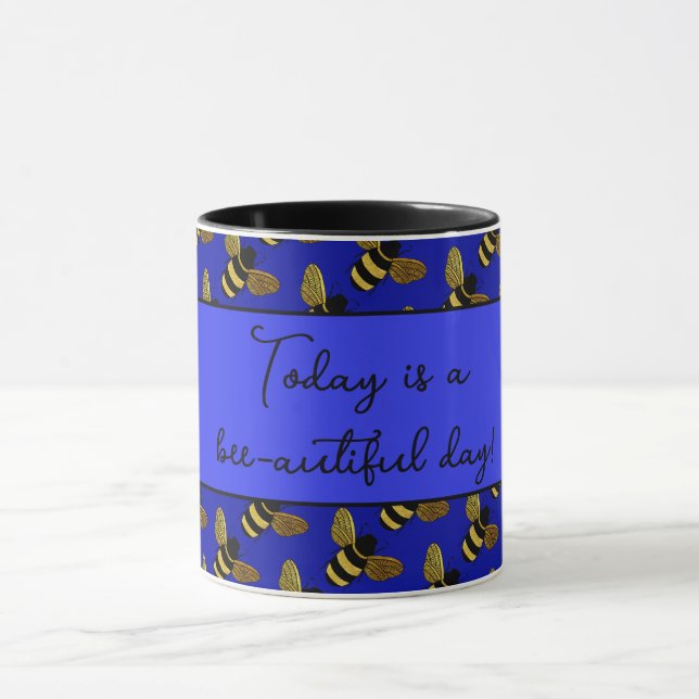 BEAUTIFUL BLACK GOLD BUMBLEBEE HAPPY BEE TEXT MUG (Center)