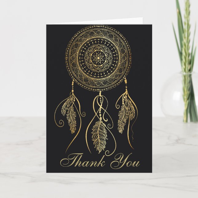 Beautiful Black Gold Dream Catcher Mandala Thank You Card (Front)