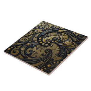 Beautiful Black & Gold Floral and Beads Abstract Tile