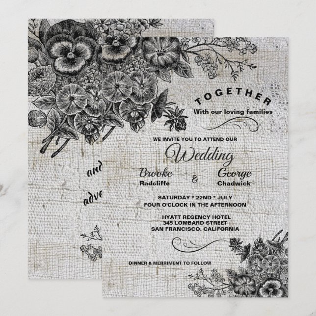 Beautiful Black & Grey Artistic Flowers Wedding Invitation (Front/Back)