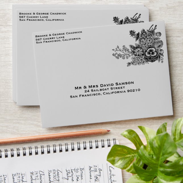 Beautiful Black & Grey Flowers Wedding  Envelope (Stacked)