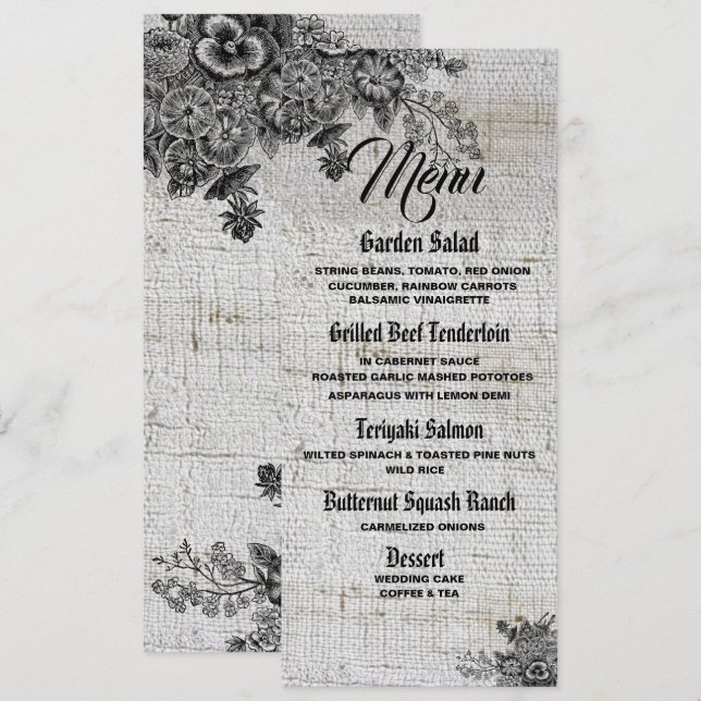 Beautiful Black/Grey Flowers Wedding Menu Card (Front/Back)
