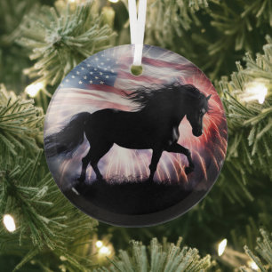 Beautiful Black Horse and American Flag  Glass Tree Decoration