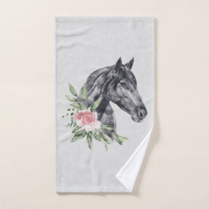 Beautiful Black Horse Head Portrait Watercolor Bath Towel Set