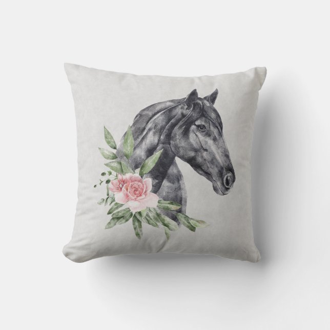  Beautiful Black Horse Head Portrait Watercolor Cushion (Front)