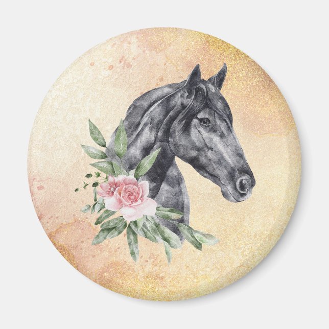 Beautiful Black Horse Head Portrait Watercolor Magnet (Front)