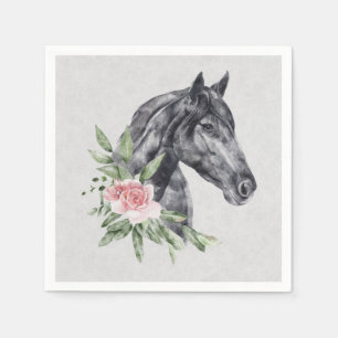Beautiful Black Horse Head Portrait Watercolor Napkin